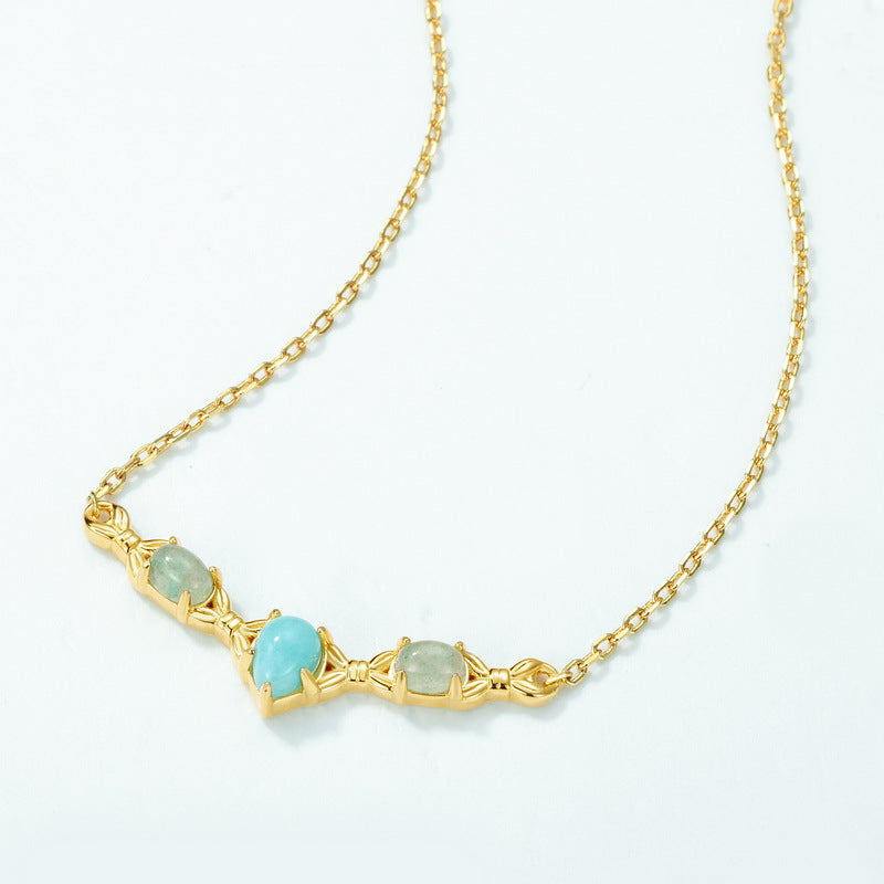 S925 Sterling Silver 10k Gold V-Shaped Necklace Inlaid with Amazonite