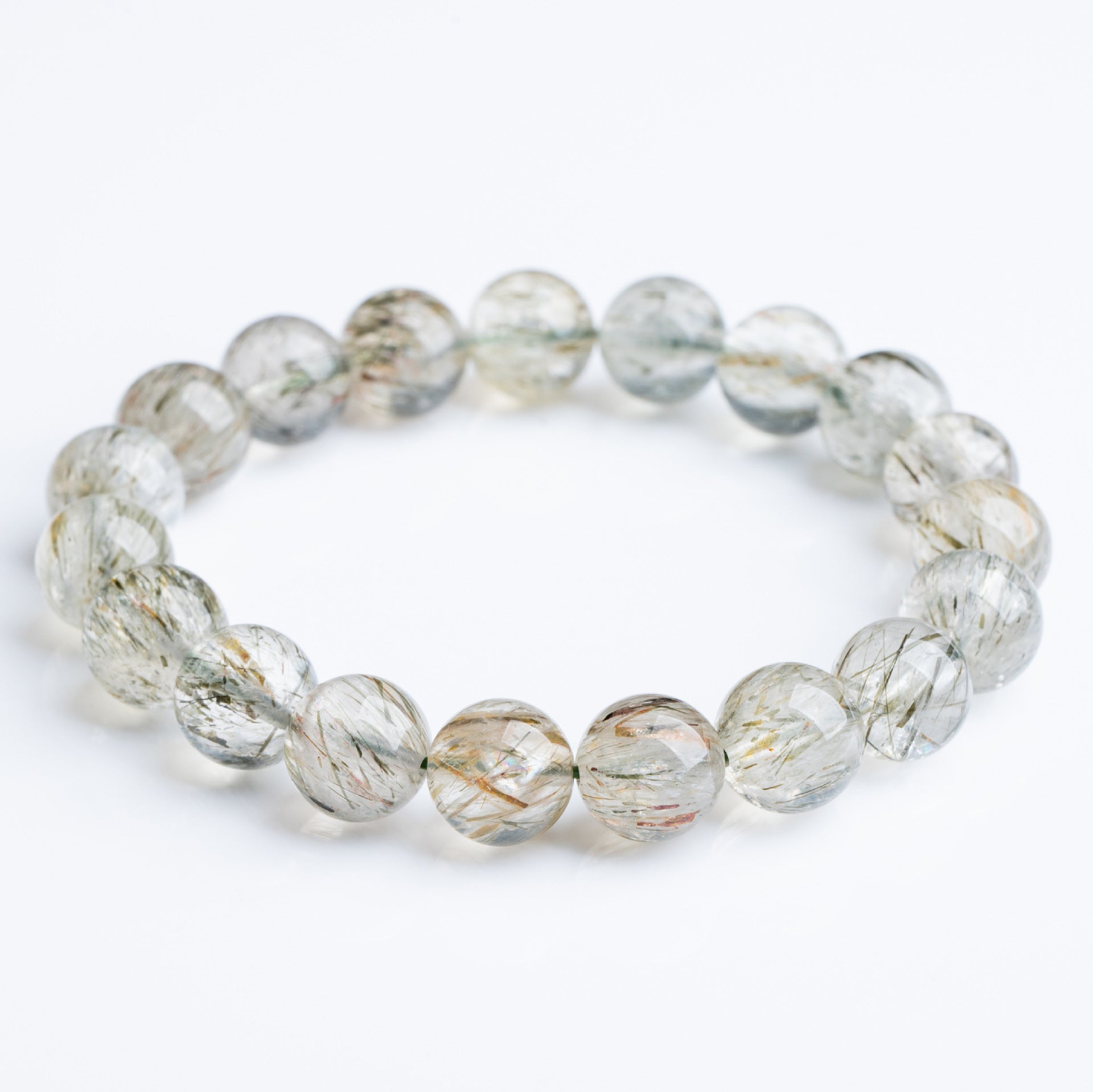 Natural Tourmaline and Green Rutilated Quartz Round Bead Bracelet