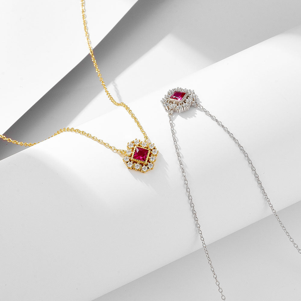 S925 Sterling Silver Geometric Square Ruby Hollow Pendant Zircon Necklace