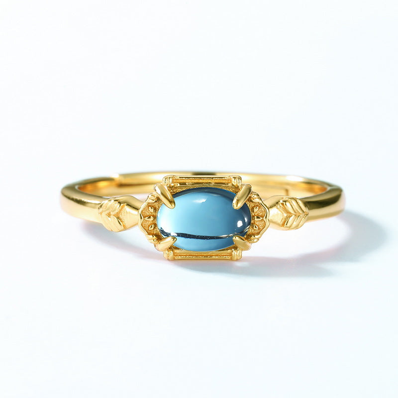 S925 Sterling Silver Gold-Plated Blue Topaz Rectangular Ring