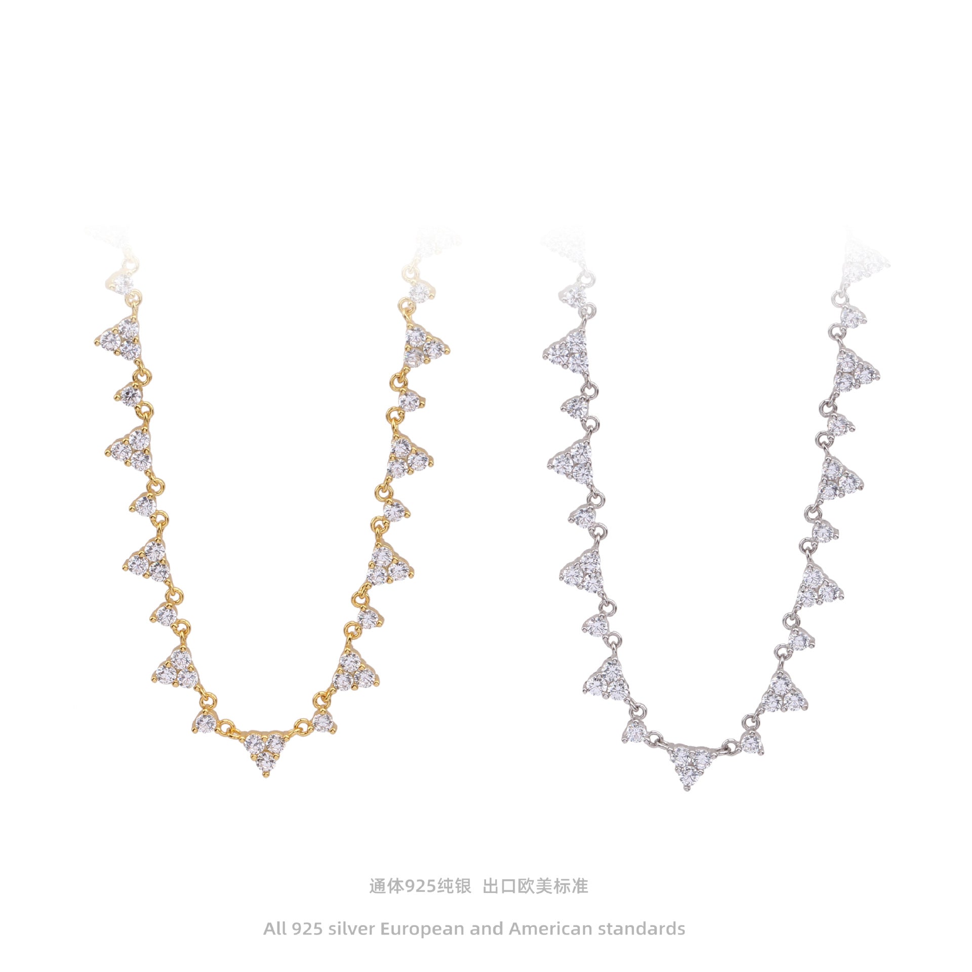 S925 Sterling Silver Scattered Triangle Full Zirconium Necklace