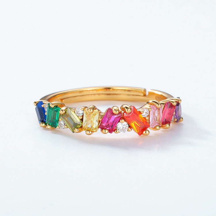S925 Sterling Silver Gold-Plated Rainbow Zircon Ring