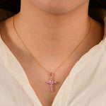 S925 Sterling Silver Pink Zircon Cross Necklace