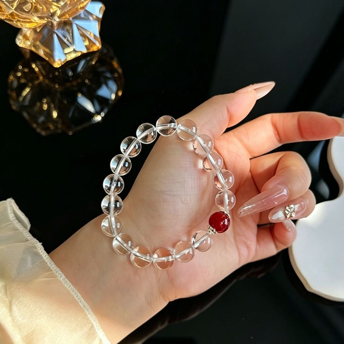 Natural white crystal and red agate bracelet