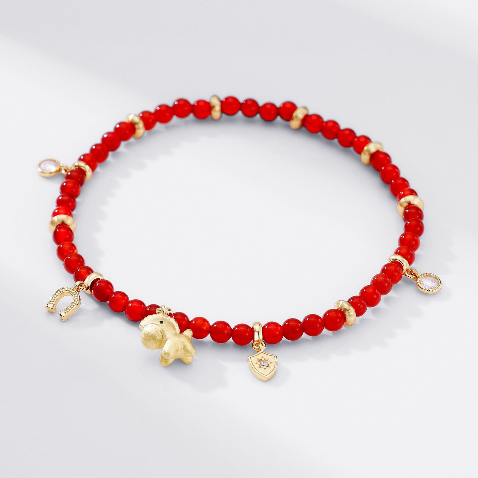S925 Sterling Silver Horse Year Red Agate Beaded Bracelet
