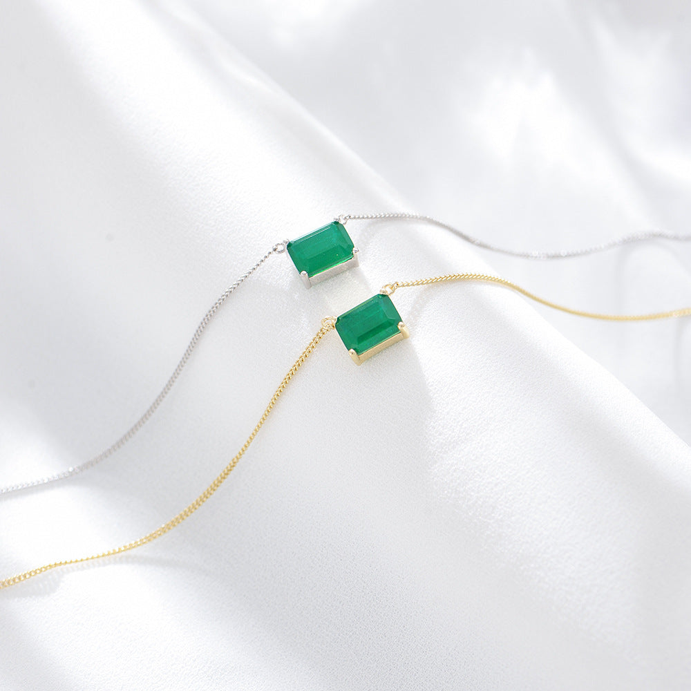 S925 Sterling Silver Square Emerald Colored Zircon Necklace