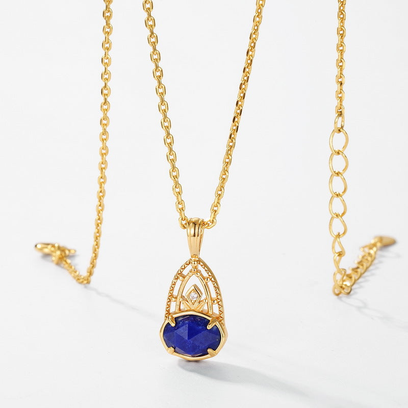 S925 Sterling Silver Gold-Plated Vintage Natural Lapis Lazuli Pendant Necklace
