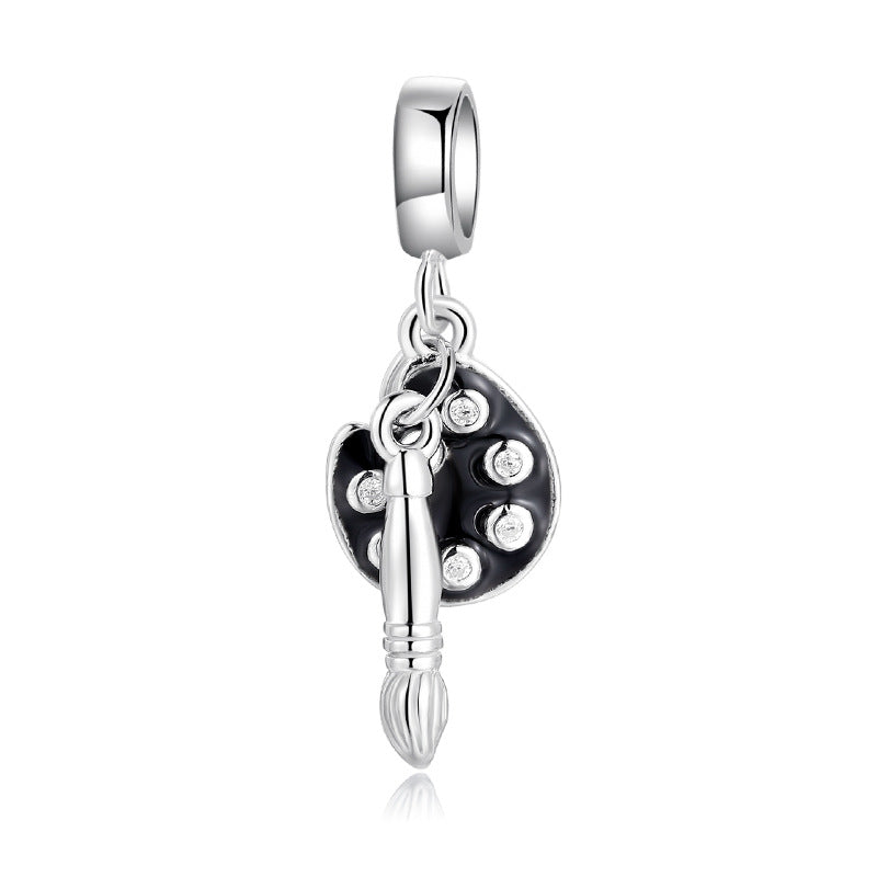 S925 Sterling Silver Art Palette and Paintbrush Zircon Inlaid Pendant