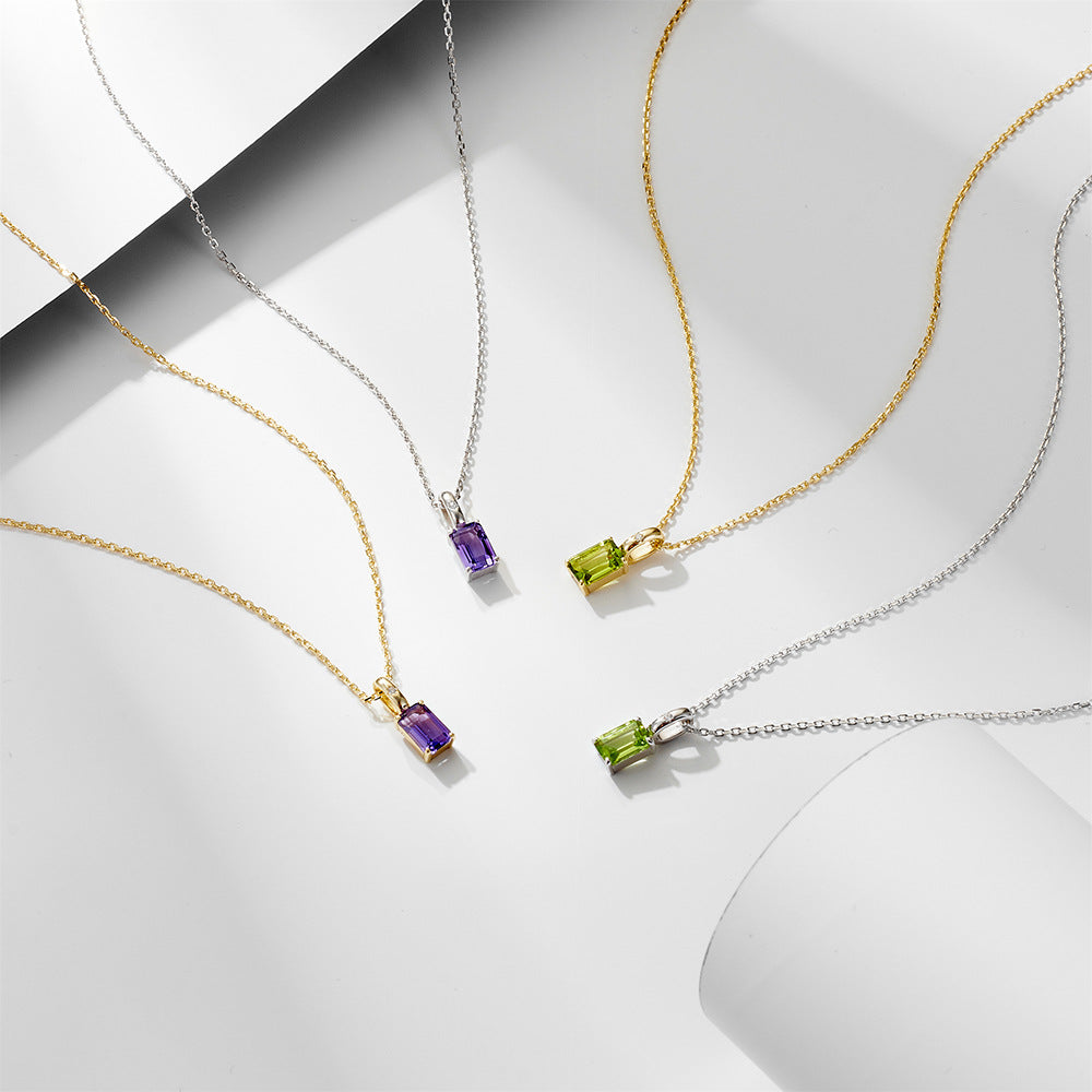 S925 Sterling Silver Natural Amethyst Olivine Pendant Necklace