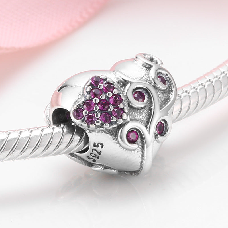S925 Sterling Silver Heart Vine Purple Zircon Bead Pendant