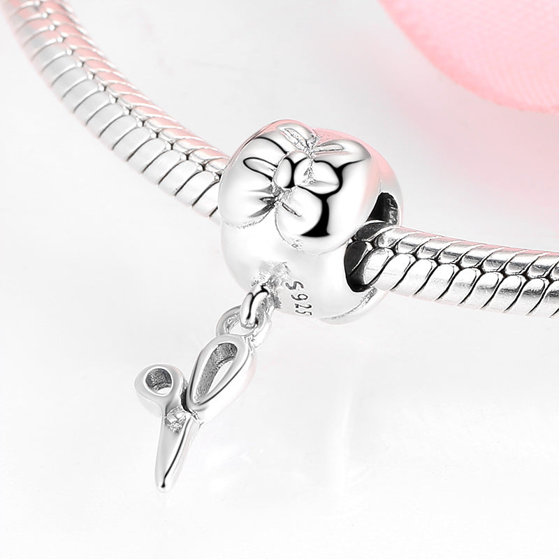 S925 Sterling Silver Creative Flower and Scissors Beaded Pendant