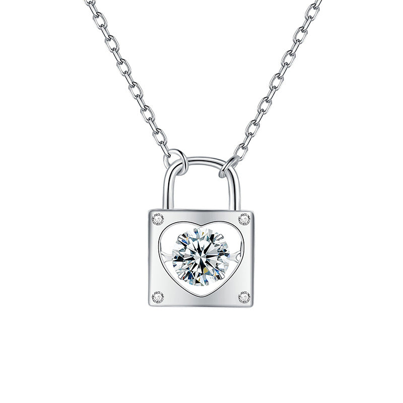 S925 Sterling Silver Moissanite Heart-Shape Lock Pendant Necklace