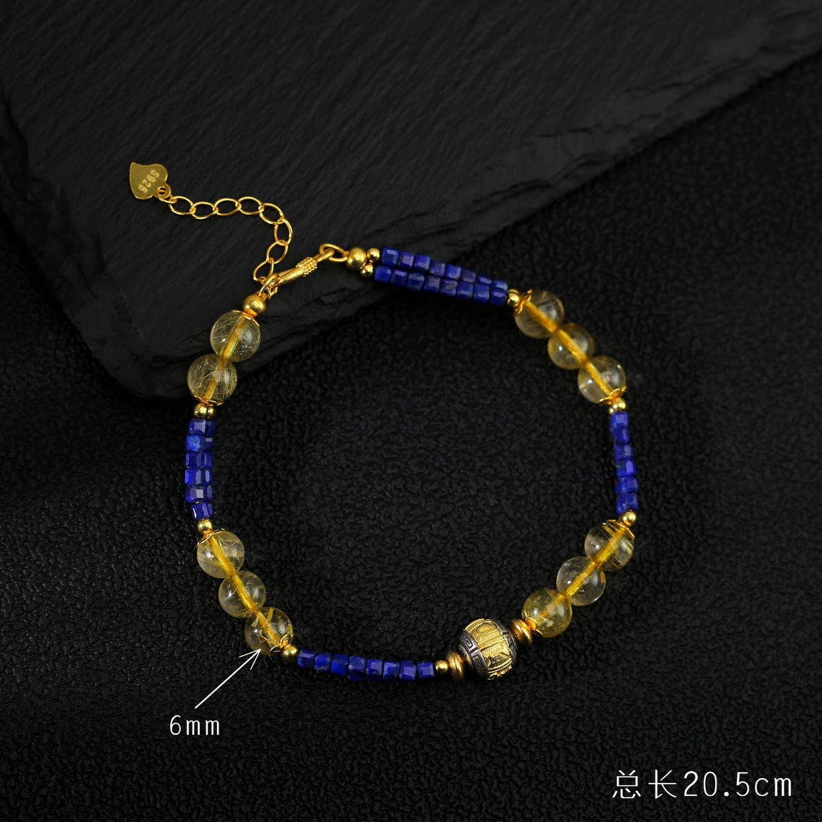 Natural Rutilated Quartz & Lapis Lazuli Hand-Woven Bracelet with Six Syllable Mantra