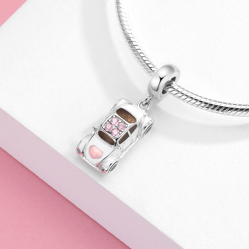 S925 Sterling Silver Car Pink Zircon Pendant