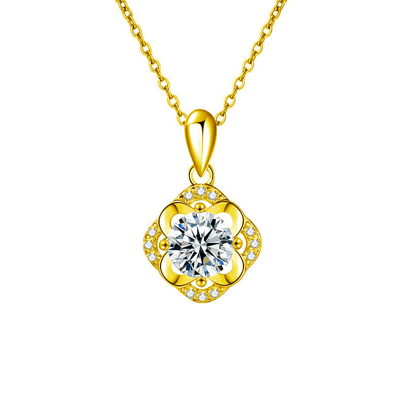 S925 Sterling Silver Moissanite Flower Stamen Four Leaf Clover Pendant Necklace