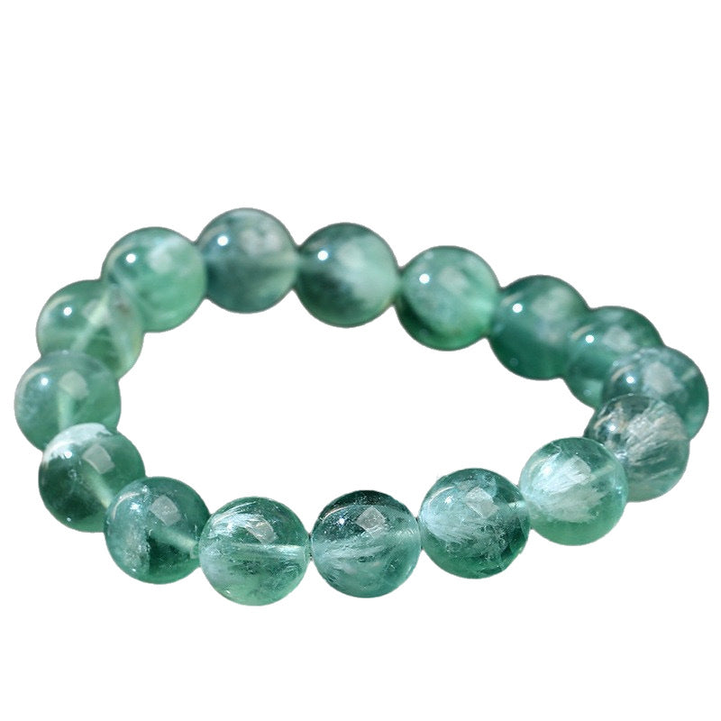 Natural Green Fluorite Round Bead Bracelet with Feather-like Inclusions