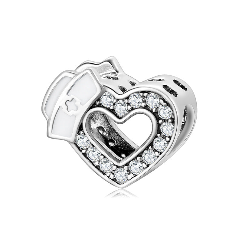 S925 Sterling Silver Heart Shape Nurse Cap Zircon Inlaid Bead Pendant