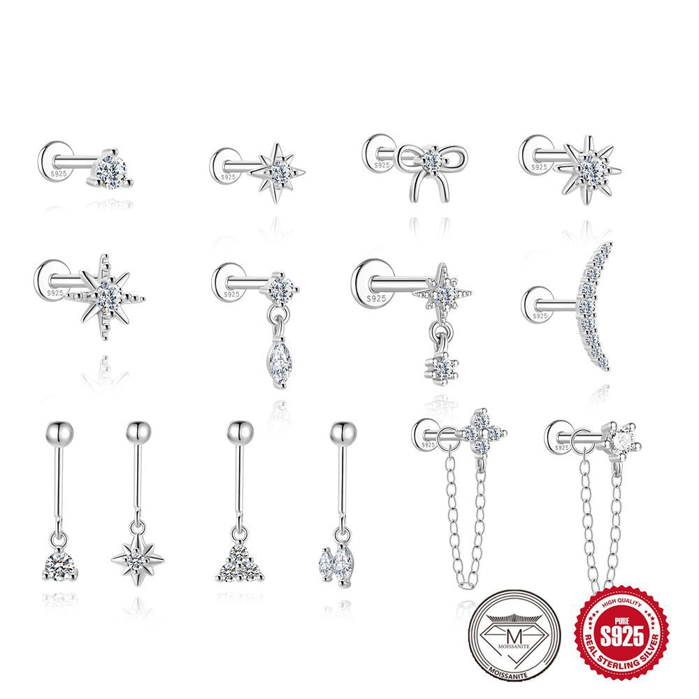 S925 Sterling Silver Bow Moissanite Flat-Back Threaded Cartilage Stud(Single unit)