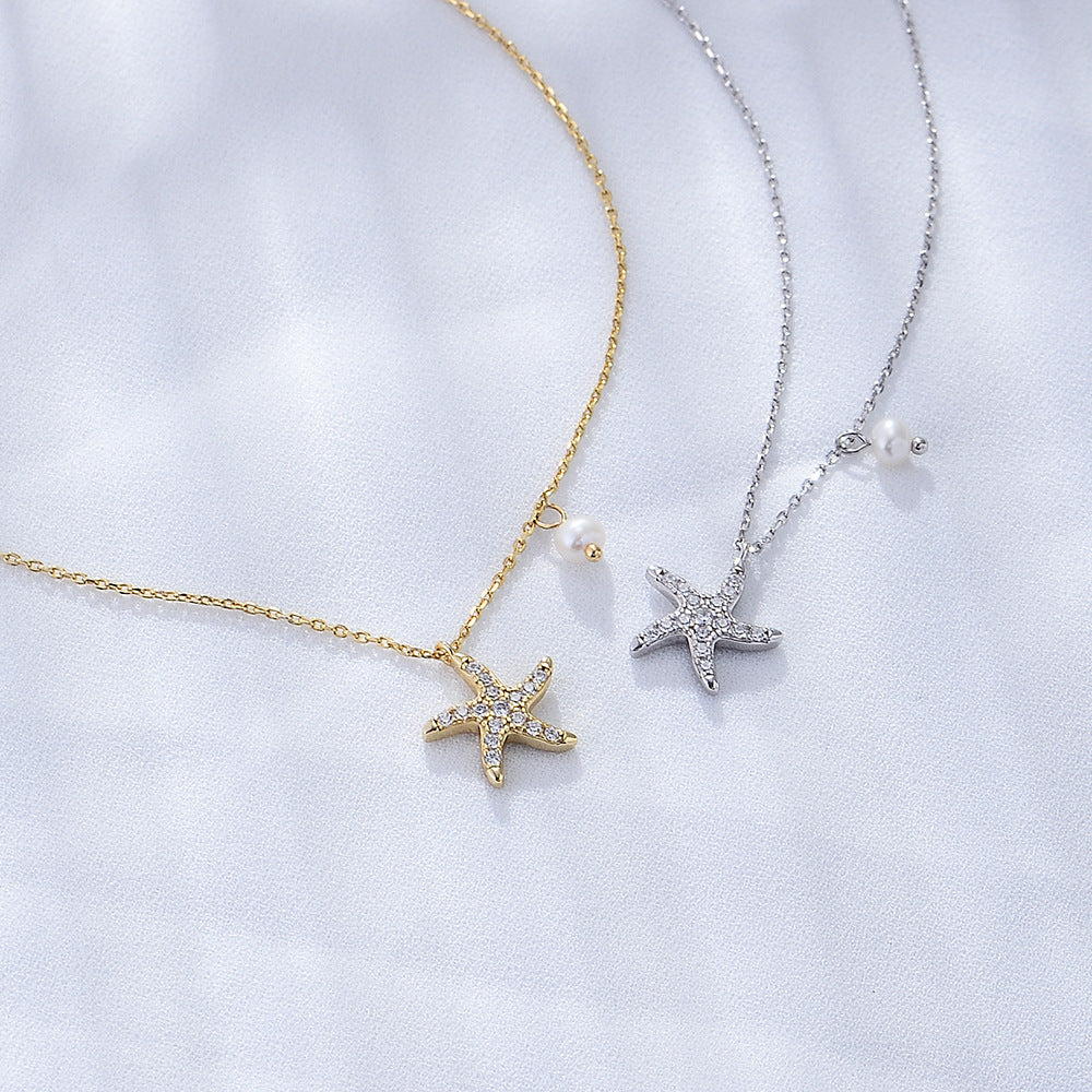 S925 Sterling Silver Zircon Inlaid Starfish Five-Pointed Star Pearl Necklace