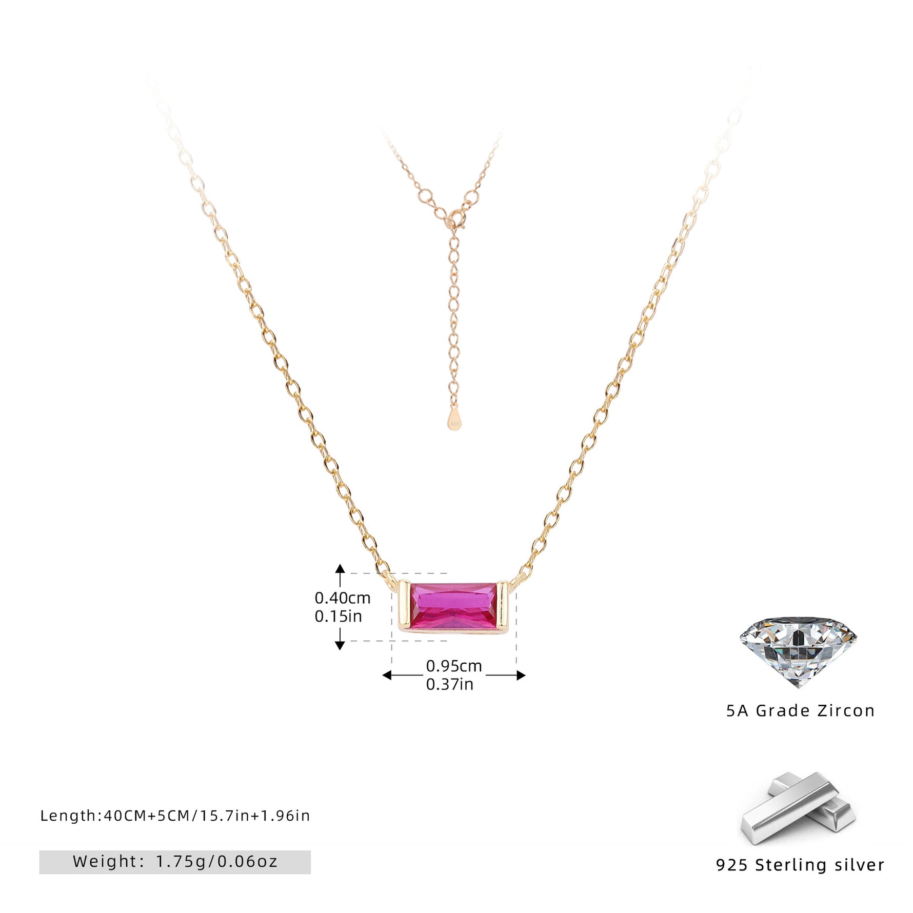 Rectangular colored zircon s925 sterling silver December birthstone collar necklace