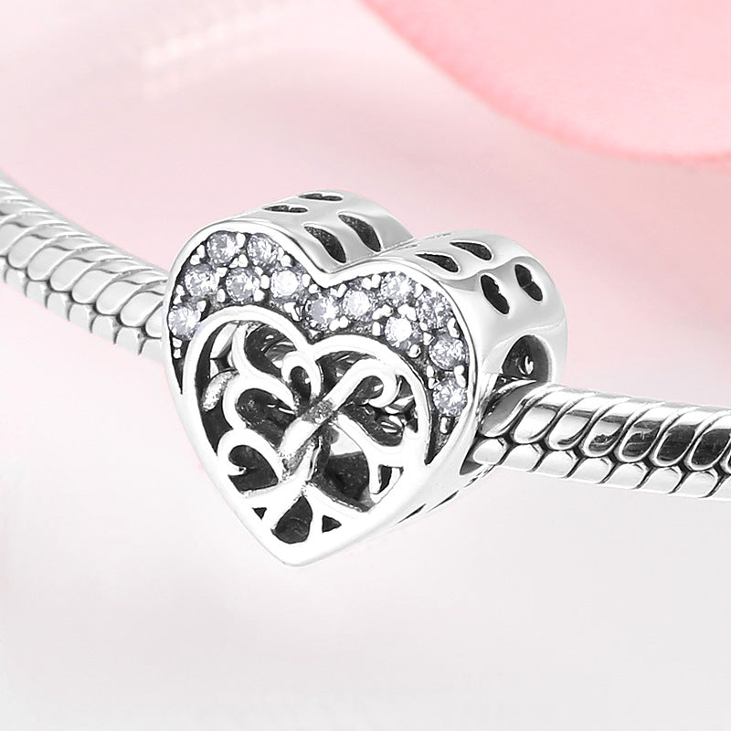 S925 Sterling Silver Hollow Heart Zircon Inlaid Bead Pendant