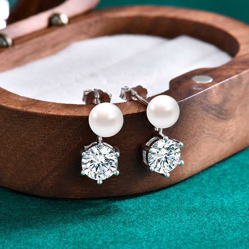 Classic Six-Prong Moissanite & Pearl Stud Earrings -S925 Sterling Silver