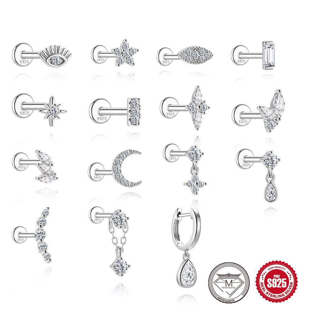 S925 Sterling Silver Square Star & Moon Moissanite Stud Earrings(Single unit)