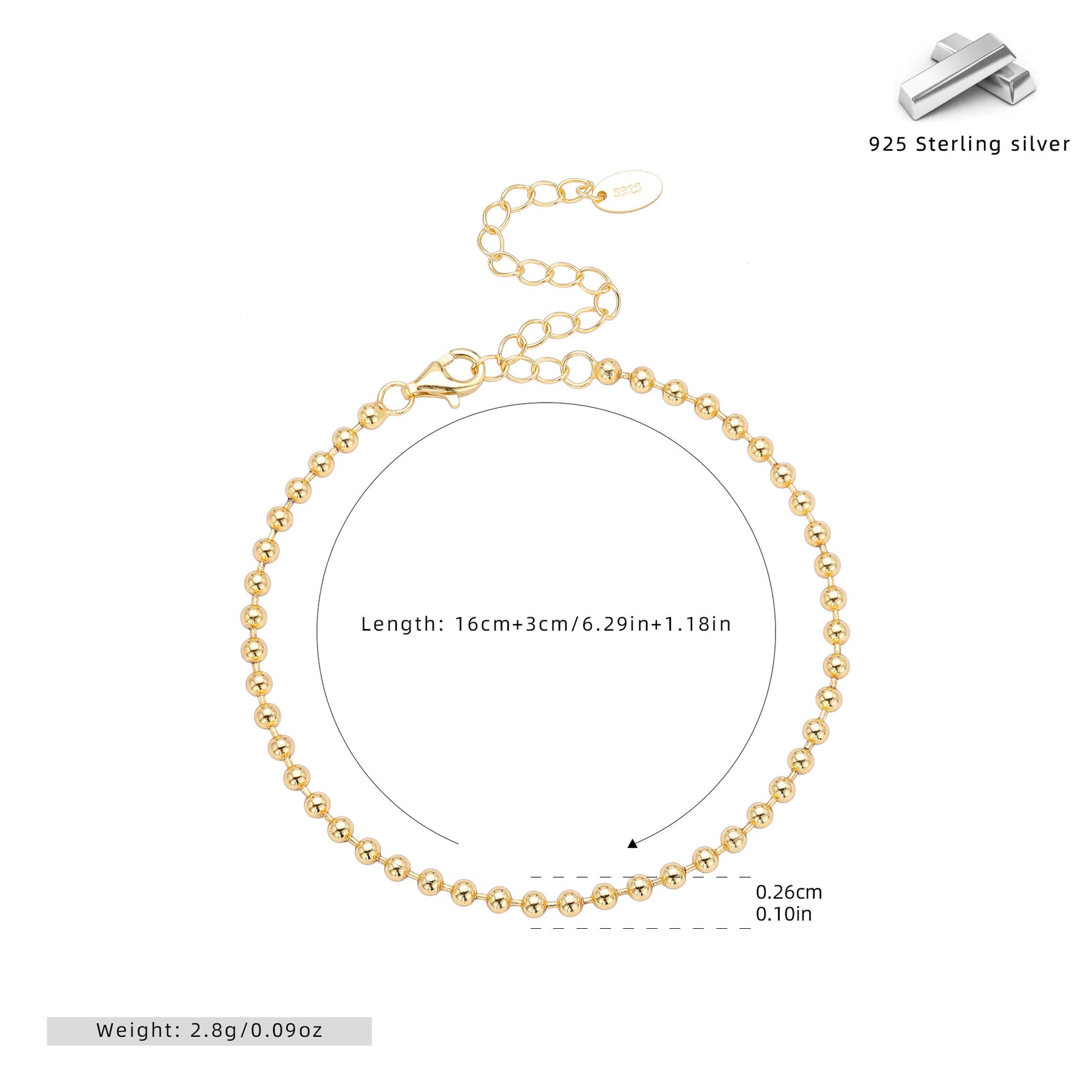 S925 Sterling Silver Smooth Bead Bracelet