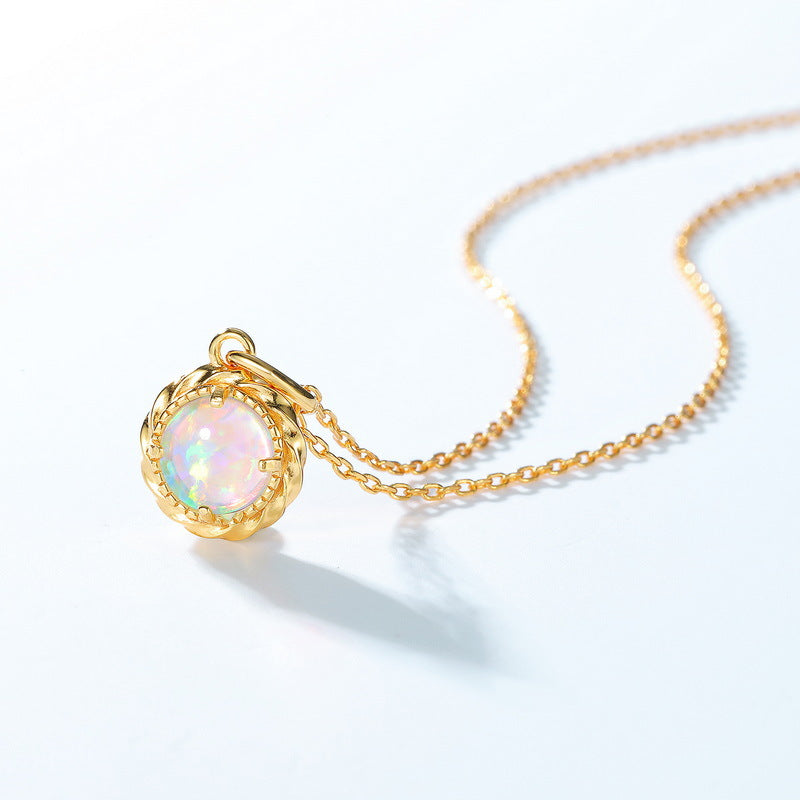 S925 Sterling Silver Gold-Plated Retro Opal Pendant Necklace