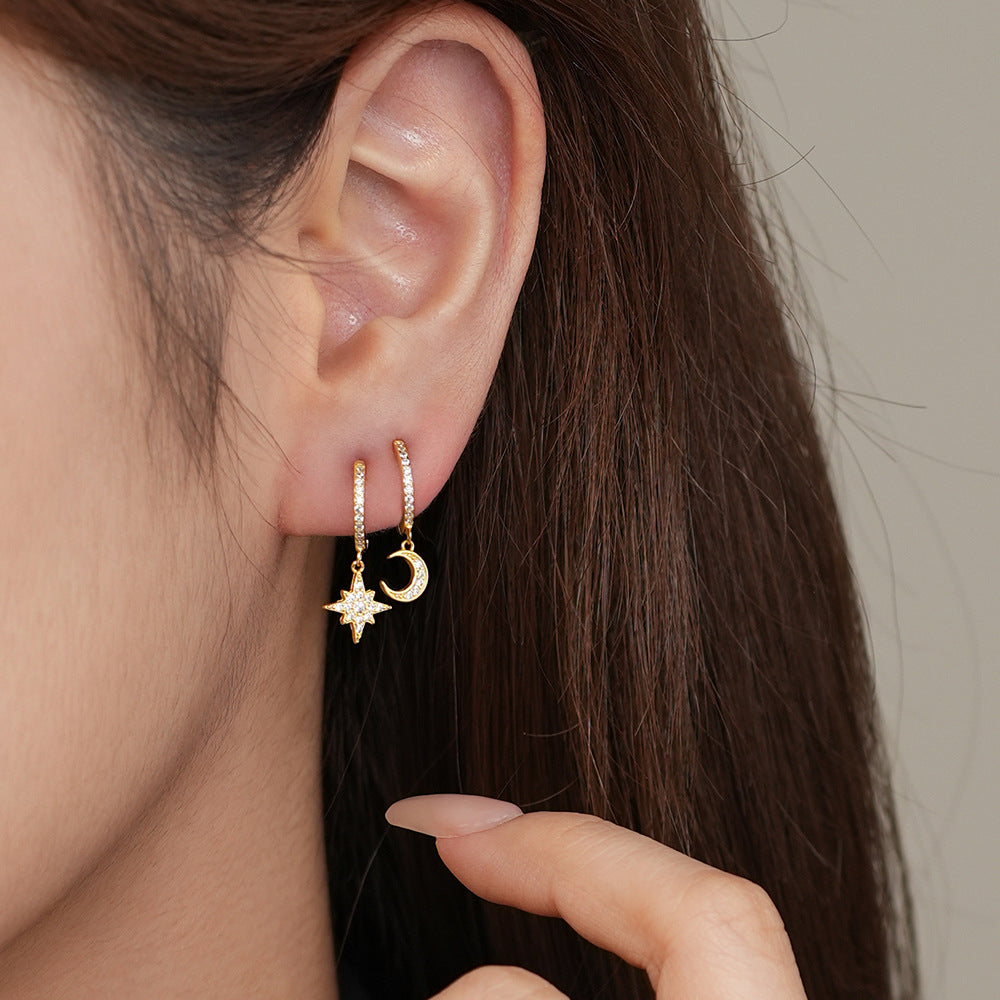 S925 Sterling Silver Star and Moon Earrings with Zirconia