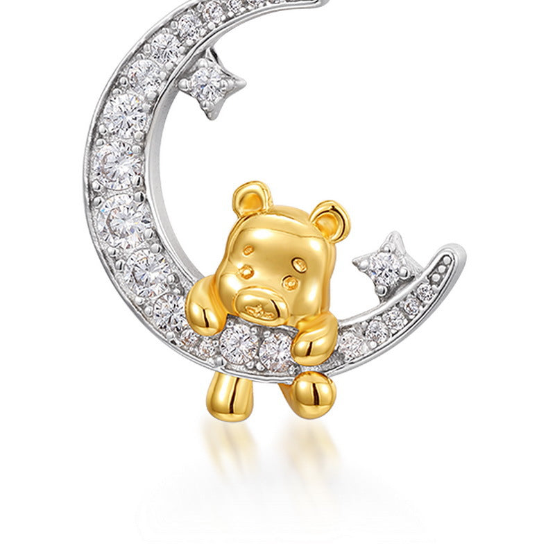 S925 Sterling Silver Cute Bear Zircon Inlaid Pendant Necklace