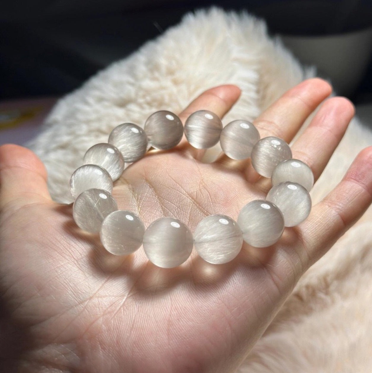 Natural grey rabbit fur bead bracelet