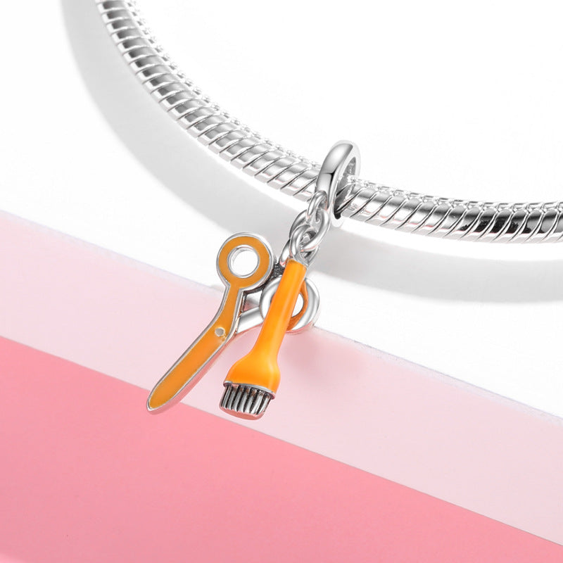S925 Sterling Silver Orange Creative Scissors Brush Pendant