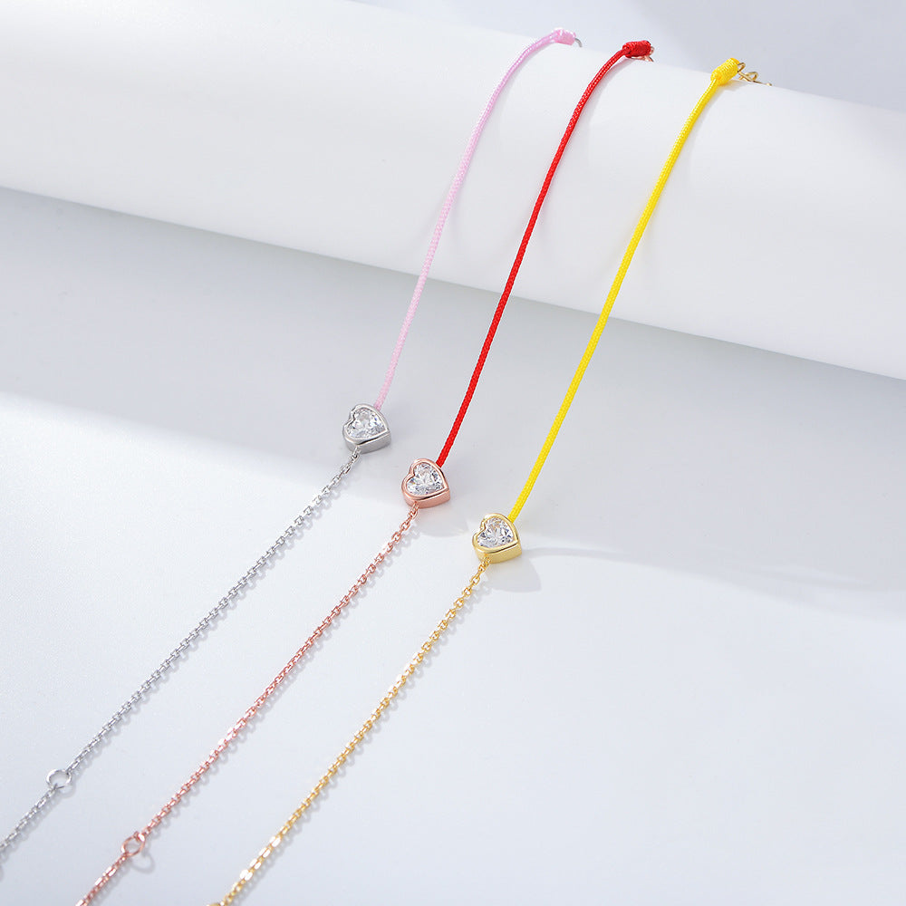 S925 Sterling Silver Heart-Shaped Zircon Stitching Colored Rope Bracelet
