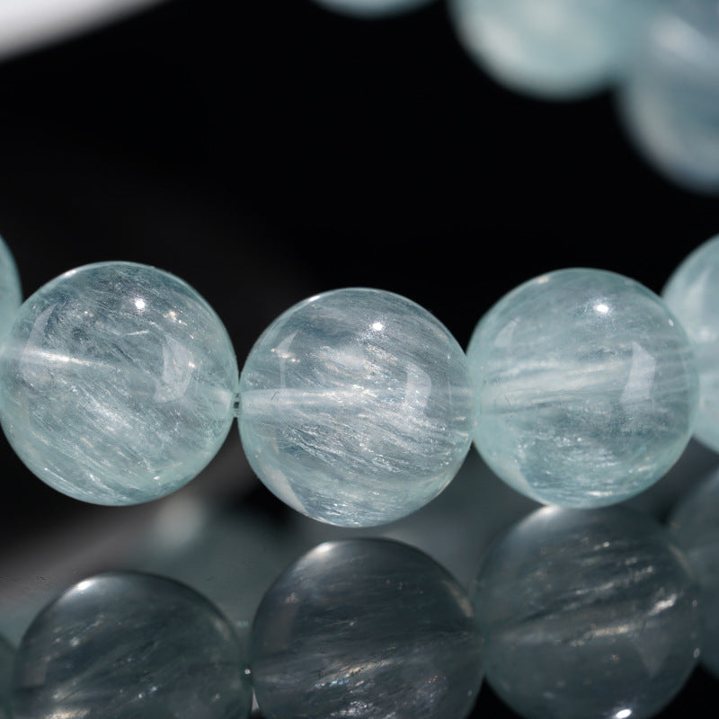 Natural Light Green Fluorite Round Bead Bracelet with Visible Internal Veining