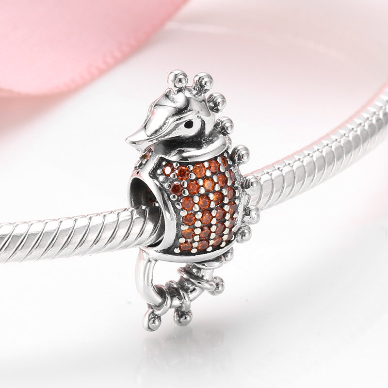 S925 Sterling Silver Seahorse Beaded Inlaid Orange Zircon Pendant
