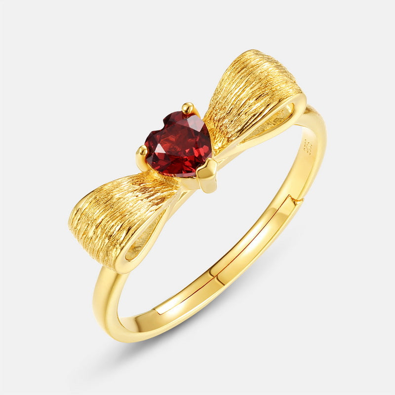 S925 Sterling Silver Gold-Plated Garnet Bow Ring