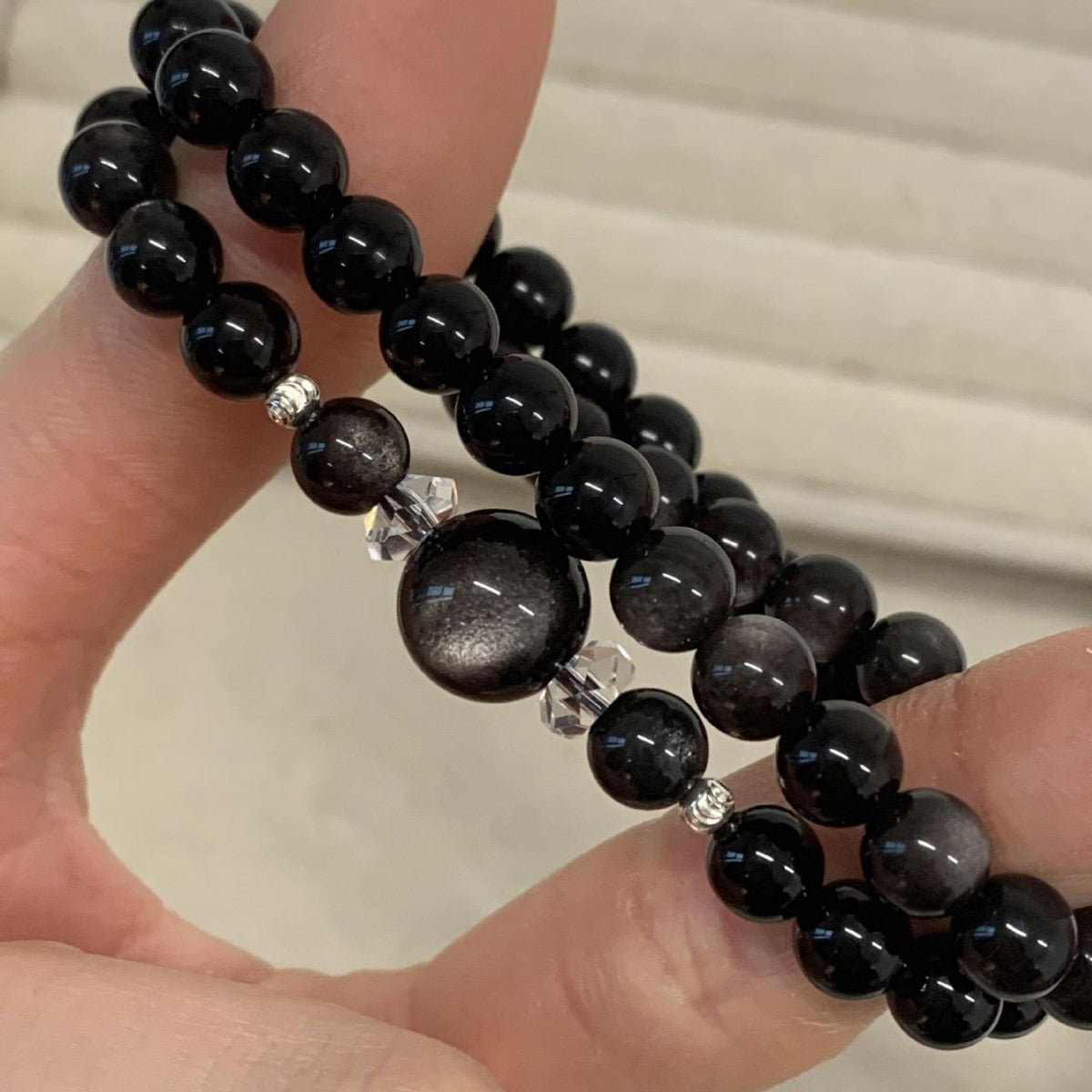 S925 Sterling Silver Natural Obsidian Double Wrap Bracelet & Natural Clear Quartz Bracelet