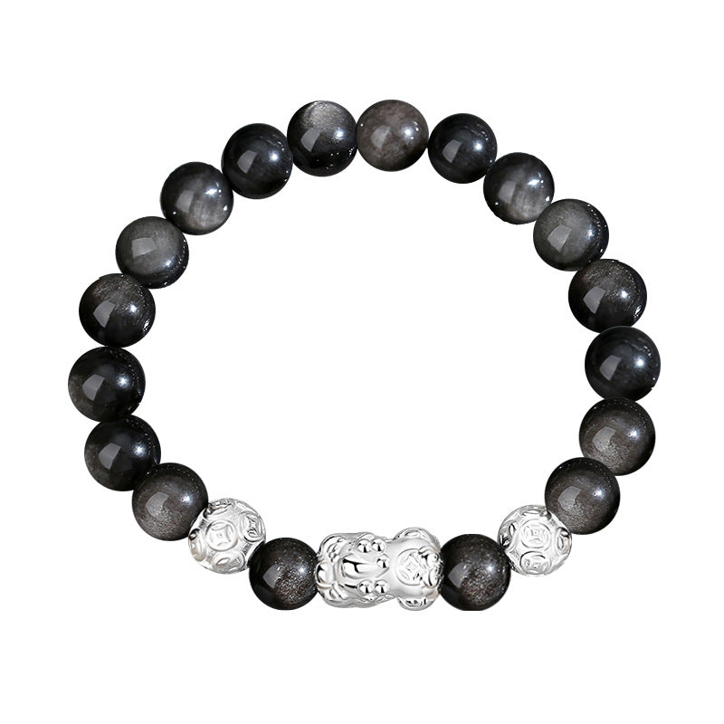 999 Fine Silver Pixiu Cool‑Style Obsidian Bracelet for Men