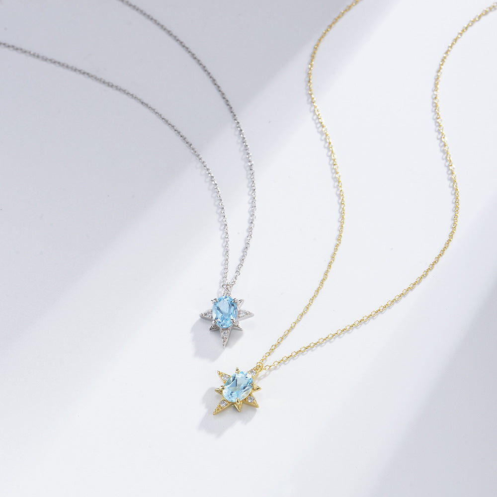 S925 Sterling Silver Eight Awn Star Pendant Sky Blue Natural Topaz Necklace