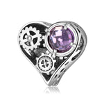 S925 Sterling Silver Mechanical Heart Purple Zircon Bead Pendant