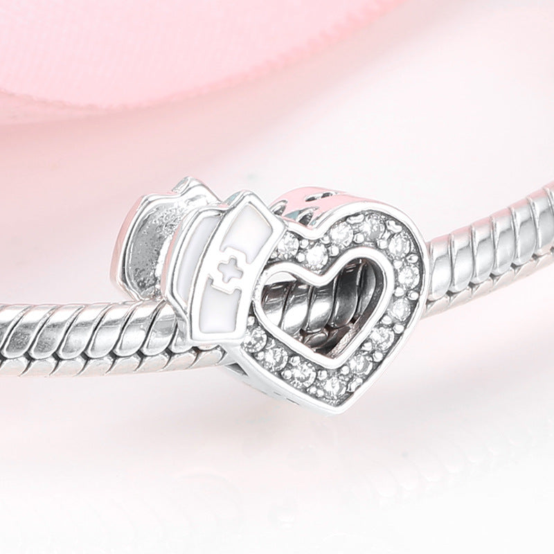 S925 Sterling Silver Heart Shape Nurse Cap Zircon Inlaid Bead Pendant