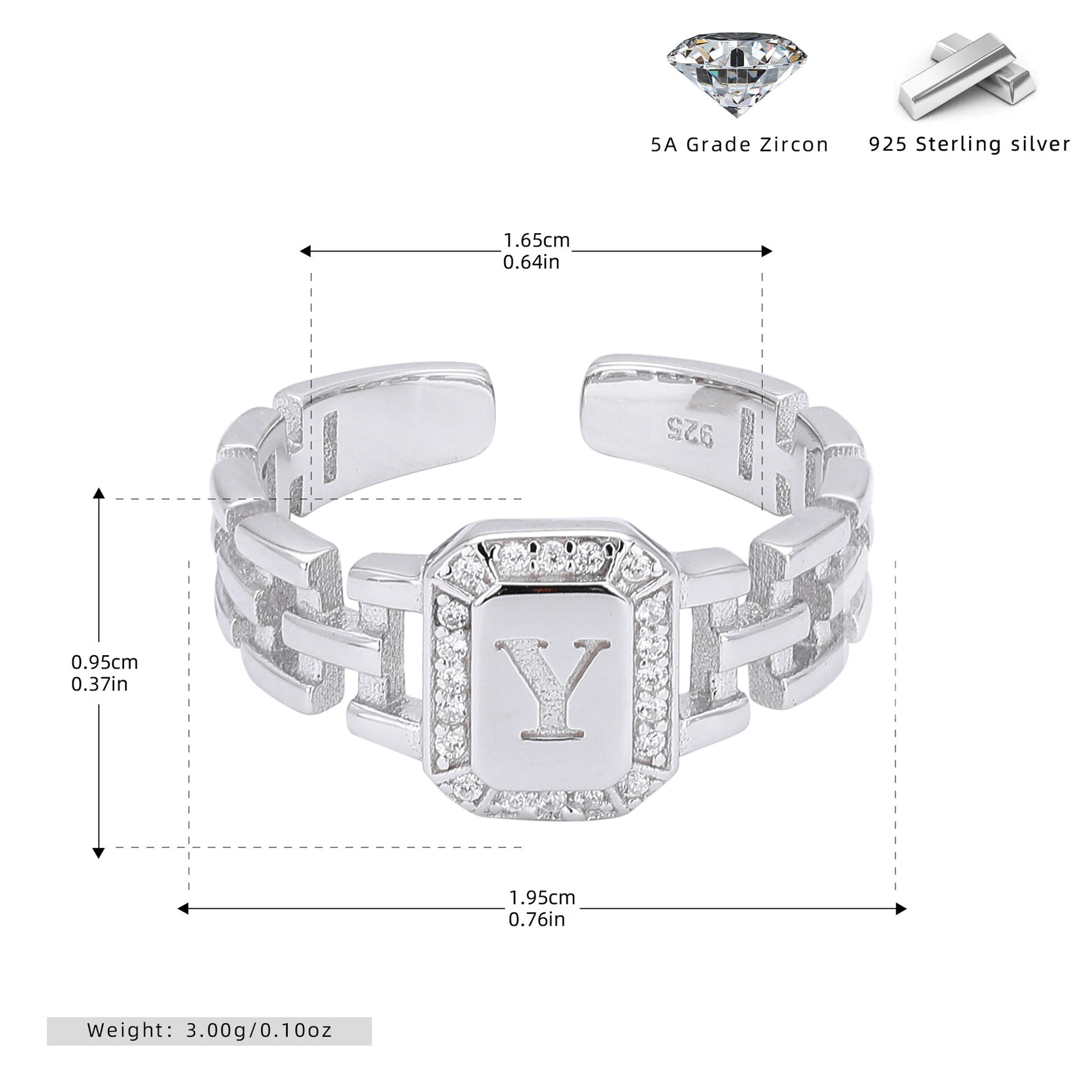 Stylish and simple S925 sterling silver ring with English letter band