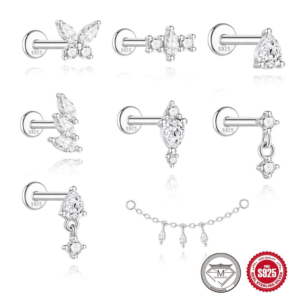 S925 Sterling Silver Spiral Cartilage Stud with Butterfly and Moissanite(Single unit)