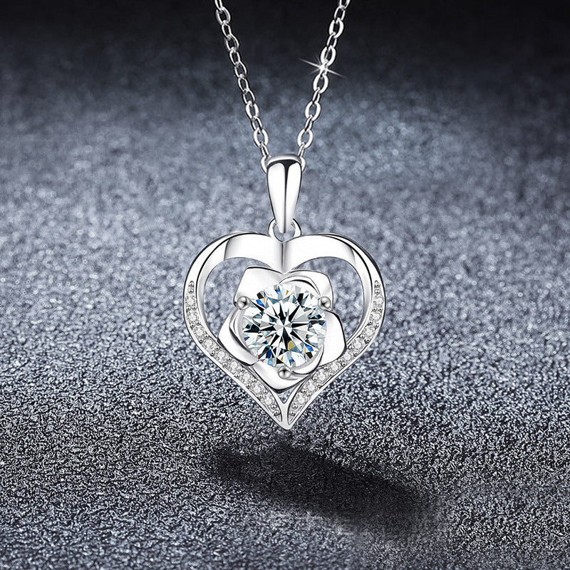 S925 Sterling Silver Rose Moissanite Pendant Loving Heart Necklace
