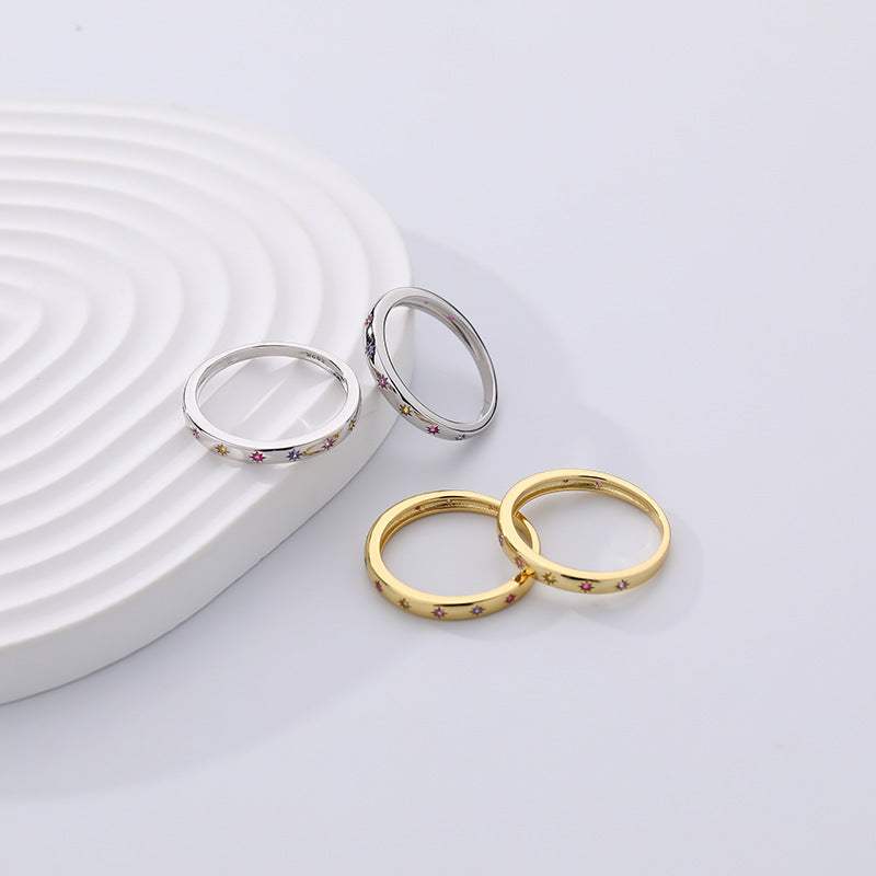 S925 Sterling Silver Plain Band Ring with Colorful Zirconia