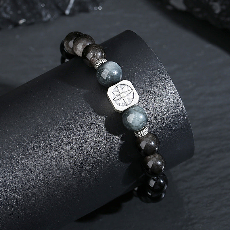 999 Pure Silver Octagram Obsidian Neo‑Chinese Cool Style Bracelet for Men,