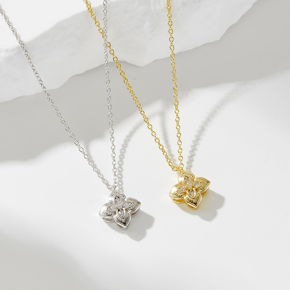 S925 Sterling Silver Zircon Inlaid Four-Leaf Clover Pendant Necklace