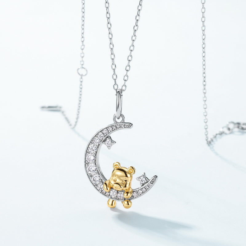 S925 Sterling Silver Cute Bear Zircon Inlaid Pendant Necklace