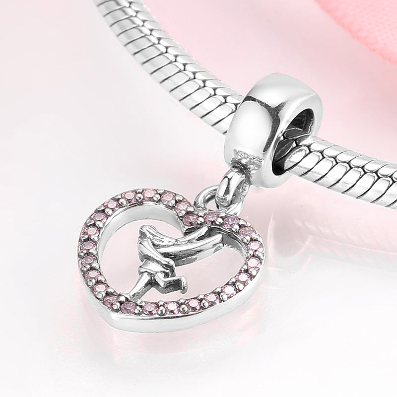 S925 Sterling Silver Heart Shape Pink Zircon Ballet Girl Pendant